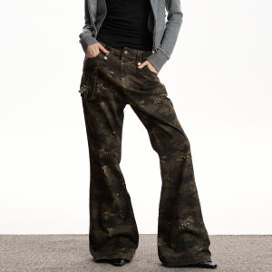 VATTY American Retro Camouflage Multi-Pocket Work Pants Womens Spicy Girl Slim Straight Leg Micro Flare Casual Trousers