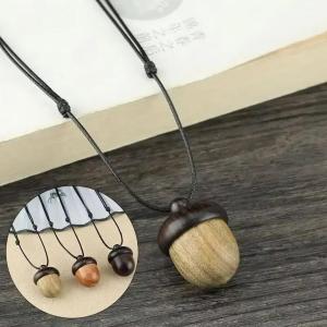 Vintage Sandalwood Acorn Pendant Necklace Simple Openable Acorn Shaped Box Pendant Long Sweater Chain Womens Minimalist Jewelry