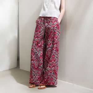 Miccbeirn | Retro Ethnic Print Casual Wide Leg Pants Elastic Waist Belted Slimming Fashionable Loose Straight Cut Trousers