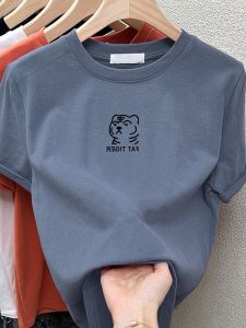 เสื้อยืดคอกลมแขนสั้นทรงสลิมฟิตสำหรับผู้หญิง ผ้าฝ้ายแท้พิมพ์ลายการ์ตูน สไตล์อเมริกัน เสื้อยืดคอกลมทรงปกติ