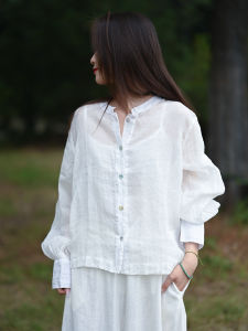 Spring New Pure Flax Washed Sleeve Cuff Button round Neck Womens Shirt Loose Fit Long Sleeve White Cotton Linen Base Outerwear