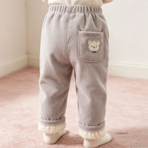 Sonkpuel | Autumn Winter Childrens Fleece-lined Pants with Pocket Embroidery Corduroy Casual Pa Nt Warm Jogger Trousers for Boys and Girls