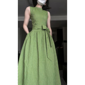 Homecore | Summer Exclusive Elegance Green Stripe Sleeveless Maxi Dress