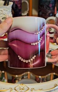 3D Pink ceramic coffee sublimation mug with purple pink swirl design and tassel handle (with crystals) for gift/birthday/anniversary/graduation