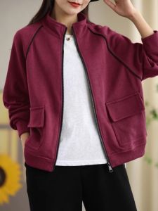 Fashionable Pure Cotton Zipper Sleeve Long Womens Sweatshirt Spring Autumn New Style Casual Loose Coat with Big Pockets