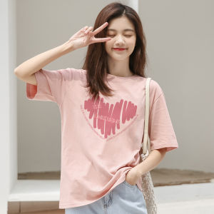 Pink Cotton Heart Print Short Sleeve Womens T-shirt Loose Casual round Neck Summer Top Korean Style Comfortable Breathable