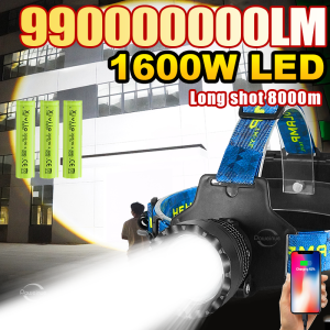 1600W Super Bright LED Headlight Hight Power Head Torch USB Rechargeable Headlamp IPX6 Waterproof Head Lantern For Outdoor