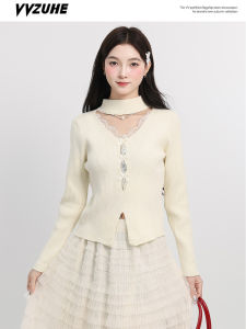 Áo Len Dệt Kim Cổ Treo Thắt Nút Bướm Kiểu Pháp Ngọt Ngào Cay Nồng Áo Len Cổ Chữ V Ren Ôm Vừa Vặn Cho Nữ Mùa Thu