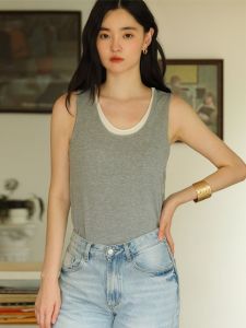 Damostudio Basic Linen Knitted Vest Top Breathable Comfortable Oversize Crew Neck Short Sleeve Solid Color Commute Style