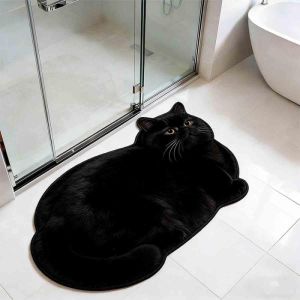 VIKAMA Realistic 3D Fluffy Fat Black Cat Shaped Bathroom Doormat Anti-slip Quick Water Absorbing Indoor Carpet Home Decoration