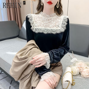 REHIN เสื้อลูกไม้แขนยาวกลวงด้านในอบอุ่นสไตล์ยุโรปเสื้อสตรีหรูหรา