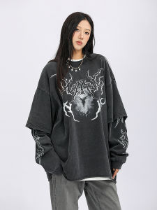 Street Style Oversize Long Sleeve T-Shirt Vintage Washed Print Fake Two-Piece Loose Top Trendy Cotton round Neck Mid-Length