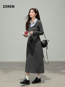 ZHANGDAREN | Đầm Kẻ Sọc Dệt Kim Phù Hợp Học Trò Kích Cỡ Lớn Mới