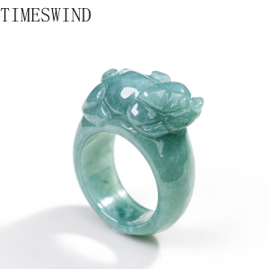 TIMESWIND Natural Original Blue Water A-Type Jade Pixiu Three-D Carved Men Lucky Ring Fashion Jewelry Gift with Certificate