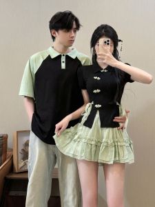 Bộ Đồ Hai Mảnh Áo Thun Ngắn Tay Mùa Hè Phù Hợp Với Cặp Đôi Phong Cách Trung Hoa Mới Dành Cho Nam Và Nữ Phong Cách Pháp Váy Và Áo Thời Trang Ins