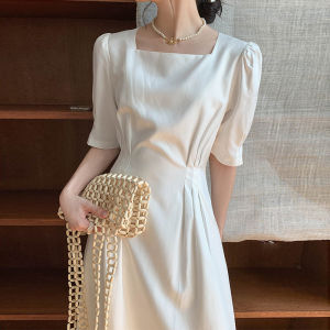 Elegant French Style Long Dress Slimming High Waist White Square Neckline Summer New Arrival Womens Fashion A-Line Dress