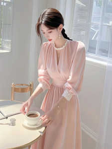 Elegant Pink French Style Long Dress Womens High Waist A-Line Skirt Lace Splicing Spring Season Fashionable Lady Goddess Feeling