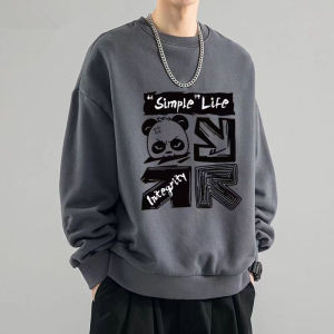 Retro American Style Mens round Neck Sweatshirt Heavyweight Pure Cotton Fleece Lined Loose Fit Fashionable for Autumn Winter