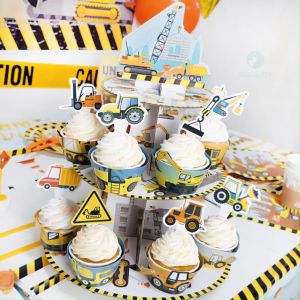 8pcs Construction Cake Topper Cupcake Wrapper for Kids Birthday Party Decorations
