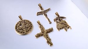 Ly eagle Stainless steel circular hollowed out exorcism cross necklace Saint Benedicts card necklace