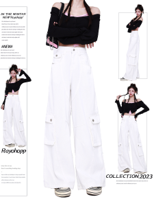 High Waist Straight Leg Workwear Jeans Womens Loose Wide Leg Casual Trousers MZVZ Heavy Industry Design White Denim Pants