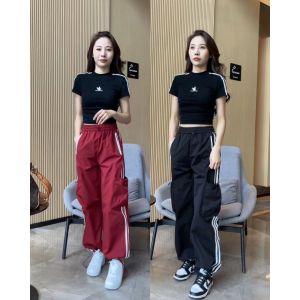 ชุดเสื้อยืดแขนสั้นฤดูร้อนสำหรับผู้หญิง ชุดกางเกงขายาวทรงหลวมสไตล์ทำงาน สีพื้น คอกลม แขนสั้น แฟชั่นฤดูร้อน