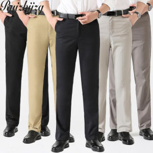 Ruizhijzg ผ้าฝ้ายชายบางกางเกงพอดีตรงธุรกิจ Casual กางเกงทรงหลวมพร้อมกระเป๋า