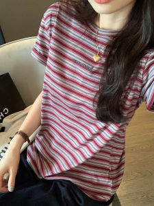 Áo Thun Nữ Tay Ngắn Màu Đỏ Rượu Vang Cổ Tròn Dáng Rộng Mùa Hè Phong Cách Hàn Quốc Cỡ Lớn in Sọc Kẻ Caro