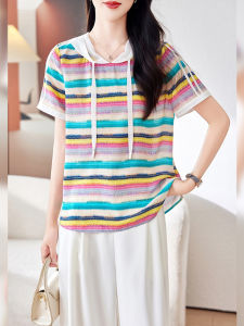 Áo thun BINKAFENNY nữ tay ngắn cỡ lớn họa tiết sọc có dây rút