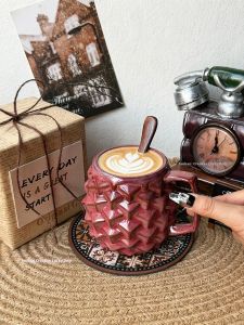 Vintage Red Faceted Coffee Mug with Spoon
