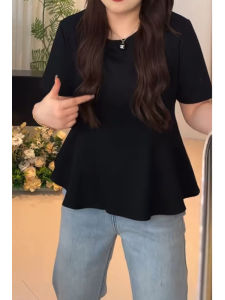 Summer Short Sleeve T-Shirt Womens plus Size Conceal Belly Flounce Hem Cute Style High Waist Sweet round Neck Regular Length