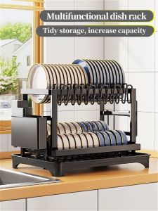 GAA 2 Tiers Dish Rack with Drainer Plates Organizer Rack Dishes Draining Rack Kitchen Racks Organizer
