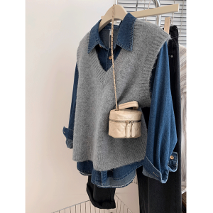 สีเทาเข้ม คอวี เสื้อสเวตเตอร์ถัก เสื้อกั๊ก ผู้หญิง ฤดูใบไม้ผลิ ฤดูใบไม้ร่วง เสื้อแจ๊กเก็ตเลเยอร์ชุดสองชิ้นสไตล์เดินทางไม่มีแขน