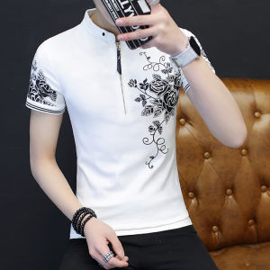 New 2025 Mens Short Sleeve T-Shirt Stand Collar Half Sleeve Slim Fit Fashionable Base Shirt Trendy Brand Cotton Polyester Blend Summer Top