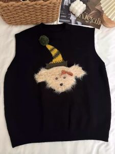 Womens Sleeveless Knitted Vest Doggie Design Layering Outerwear Trendy Loose Fit Autumn Winter New Style Fashion Top
