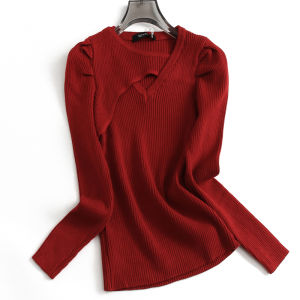 Pure Color Stretch Silm Hollow out V-neck French Style Puff Sleeves 2024 Autumn Long Sleeves Sweater Female Knitwear F690