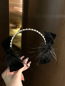 Elegant Black Pearl Hairband with Butterfly Knot Feather Hair Clip Luxury Minimalist High-End Feeling Fashionable Hair Accessories