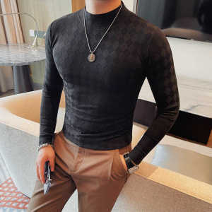 Casual Long Sleeve Half High Collar Slim Fit Mens T-Shirt Breathable Youth Fashion Urban Style Geometric Print for Autumn