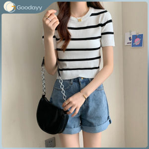 Malaysian delivery Striped Knitted Short-sleeved T-shirt Womens Summer Design Niche Slim Short Top