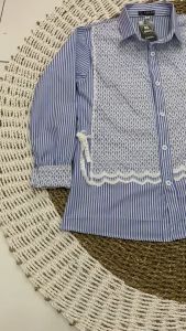KEMEJA ATASAN WANITA TANGAN PANJANG MOTIF GARIS JENNIE BLOUSE SALUR KOMBINASI BRUKAT PREMIUM