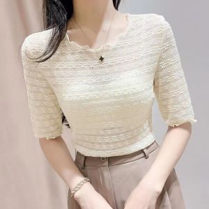 เสื้อเชิ้ตผู้หญิงแขนสั้นสีดำ ชุดเดรสสายเดี่ยวฤดูร้อน ชั้นในลูกไม้โปร่งใส เสื้อเชิ้ตทรงหลวม คอโปโล แขนยาวปกติ