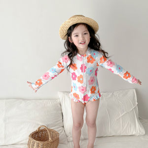 [Local Delivery] Kids Baby Girl Swimsuits Summer Floral Long Sleeve Zipper Ruffles Jumpsuit Swimwear Beachwear Bathing Suits