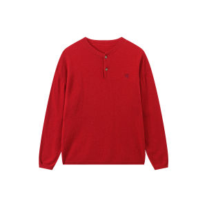 JNXS | Áo Sweater Cổ Henley Thêu Hàng Dọc Màu Đỏ