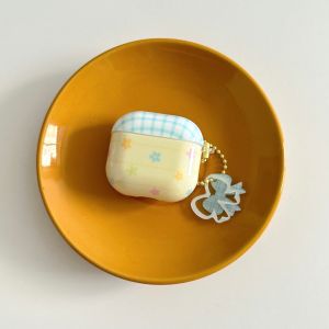 Korean Style Blue Grid Pattern Colorful Flowers Bowknot Pendant Shock Proof Earphone Cover Case for AirPods 1 2 3 4 Pro 2 Pro 3