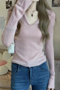 HUOLISI | Pink V-Neck Long Sleeve T-Shirt for Autumn Unique Design
