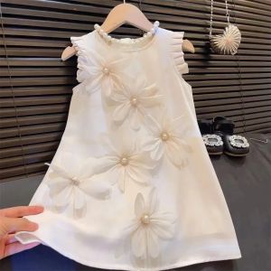 Bear Leader | Summer New Girls Casual Clothes Pleated 3D Flower Sleeveless Princess Dress Korean Version Solid Color Children 2-12 Years Old