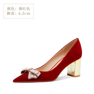 Red Wedding Shoes Comfortable Thick Heel Ethnic Chinese Style Maternity Foot Show Butterfly Knot Fashionable Single Shoes for Women