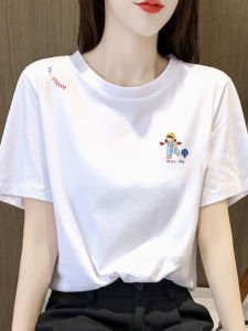 เสื้อยืดแขนสั้นผ้าฝ้ายสีขาว ทรงหลวม สไตล์เกาหลี สำหรับผู้หญิง ฤดูร้อน 2025 เสื้อเชิ้ตคอตตอนแท้ระดับไฮเอนด์