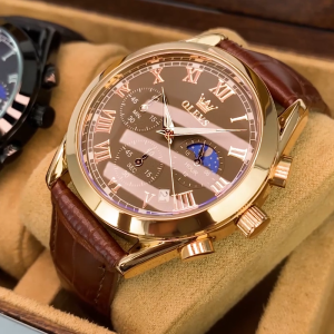 OLEVS 2024 Jam Tangan Pria Asli Jam Tangan Kuarsa Impor Kulit Mewah Elegan Kasual Kedap Air Bercahaya Modis untuk Pria