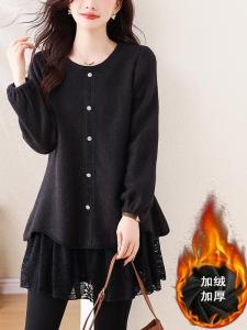 Thickened Lace Splicing Mid-Length Knitted Sweater for Women Autumn Winter plus Size Fashionable Casual Style round Neck Top